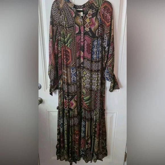 FARM Rio Rauti Maxi Dress XS Multi Abstract Tiered Long Sleeve, No Belt - Picture 3 of 13